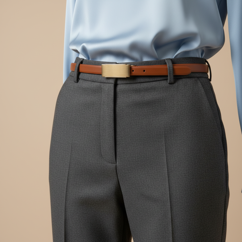 A close-up, waist-down composition of an invisible mannequin wearing a finely tailored women’s business outfit: high-waisted charcoal wool trousers with sharp front creases and a slim, cognac leather belt, paired with a tucked-in, pale blue satin blouse whose hem is visible only in soft folds at the waistband. The mannequin stands against a light beige seamless background. Controlled studio lighting from above and slightly to the right creates precise highlights along the fabric’s drape and the belt’s polished buckle, with delicate shadows defining the silhouette. The mood is professional, confident, and contemporary. Photographic realism with a slightly elevated angle and shallow depth of field keeps the outfit’s construction and texture in crisp detail while the backdrop remains unobtrusive.