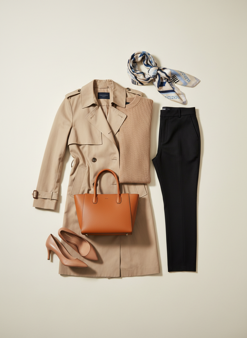 A carefully arranged flat lay of sophisticated women’s clothing spread across a matte ivory backdrop, featuring a tailored beige trench coat in smooth cotton, a soft cashmere oatmeal sweater, and high-waisted black cigarette trousers with a slight sheen. A structured leather tote in warm caramel rests to the side, paired with minimalist nude pumps and a delicate silk scarf draped with fluid folds. Soft, diffused studio lighting from above creates gentle, naturalistic shadows that emphasize textures without harsh contrasts. The mood is polished, aspirational, and calm, evoking effortless elegance. Shot from a bird’s eye view with sharp focus throughout, photographic realism, and a clean, modern aesthetic ideal for a homepage hero image for a contemporary women’s fashion brand.