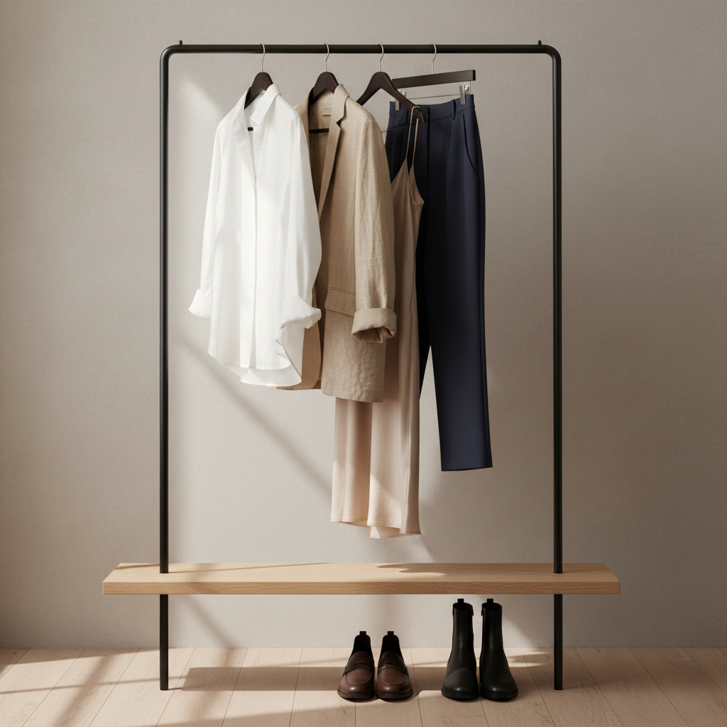 A sleek clothing rack made of brushed matte black metal stands centered against a light warm-gray wall, holding a curated capsule wardrobe of women’s garments in neutral tones: a crisp white poplin shirt, a sand-colored linen blazer, a silky champagne slip dress, and tailored navy trousers. Beneath, a pale oak bench displays neatly aligned leather loafers and ankle boots. Soft, natural-looking side light from the left mimics window daylight, creating subtle highlights along seams and lapels while casting gentle shadows on the floor. The atmosphere feels refined, organized, and professional. Photographic realism with an eye-level composition and slight depth of field keeps the rack in clear focus while the background falls into a soft blur, perfect for conveying quality and seasonless style.