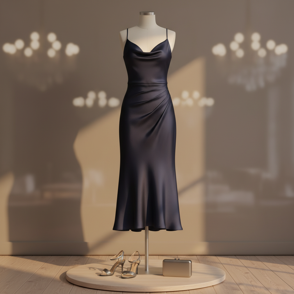 An elegant eveningwear scene featuring a single women’s satin midi dress in deep midnight blue, displayed on a minimalist matte-white torso form without visible limbs, standing on a light wooden platform. The dress’s bias-cut fabric catches soft, golden-hour style studio lighting from the right, creating gentle ripples of highlight along the neckline, waist, and hem. Behind, a blurred backdrop in dusky taupe with subtle bokeh hints at a sophisticated interior. On the floor, a pair of metallic strappy heels and a compact clutch in brushed silver rest slightly out of focus. The atmosphere is refined, aspirational, and quietly luxurious. Photographic realism with a centered composition and moderate depth of field emphasizes the dress as the star of the frame.